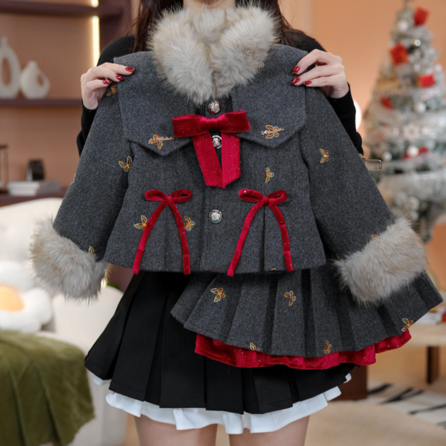 【红茶】女童秋冬加绒加厚英伦女孩呢子长袖裙子小香风套装DS20090