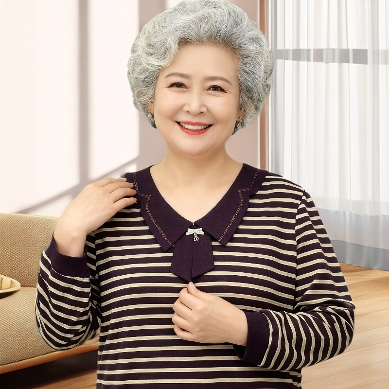 早秋咖色妈妈七分袖T恤秋装妈妈装条纹中老年女装宽松针织面料