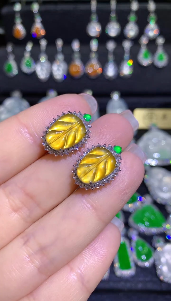 【闪购商品】翡翠耳饰18K金镶嵌高冰黄翡 金枝玉叶 耳包