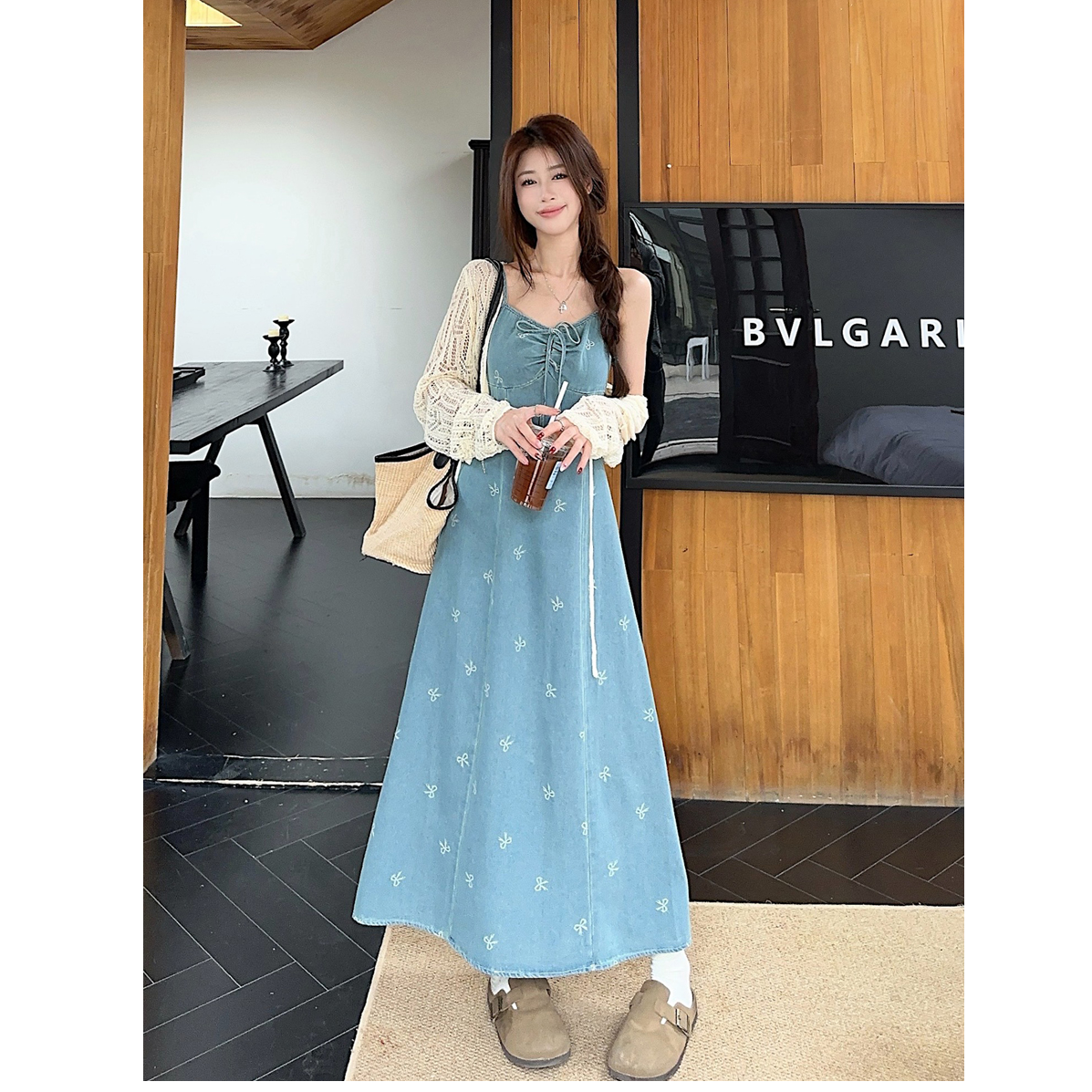 大码显瘦港风牛仔连衣裙套装气质复古A字裙+防晒开衫二件套3138