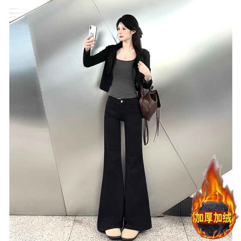 180高个子175加长黑色辣妹微喇牛仔裤女秋冬加绒低腰不贴腿喇叭裤