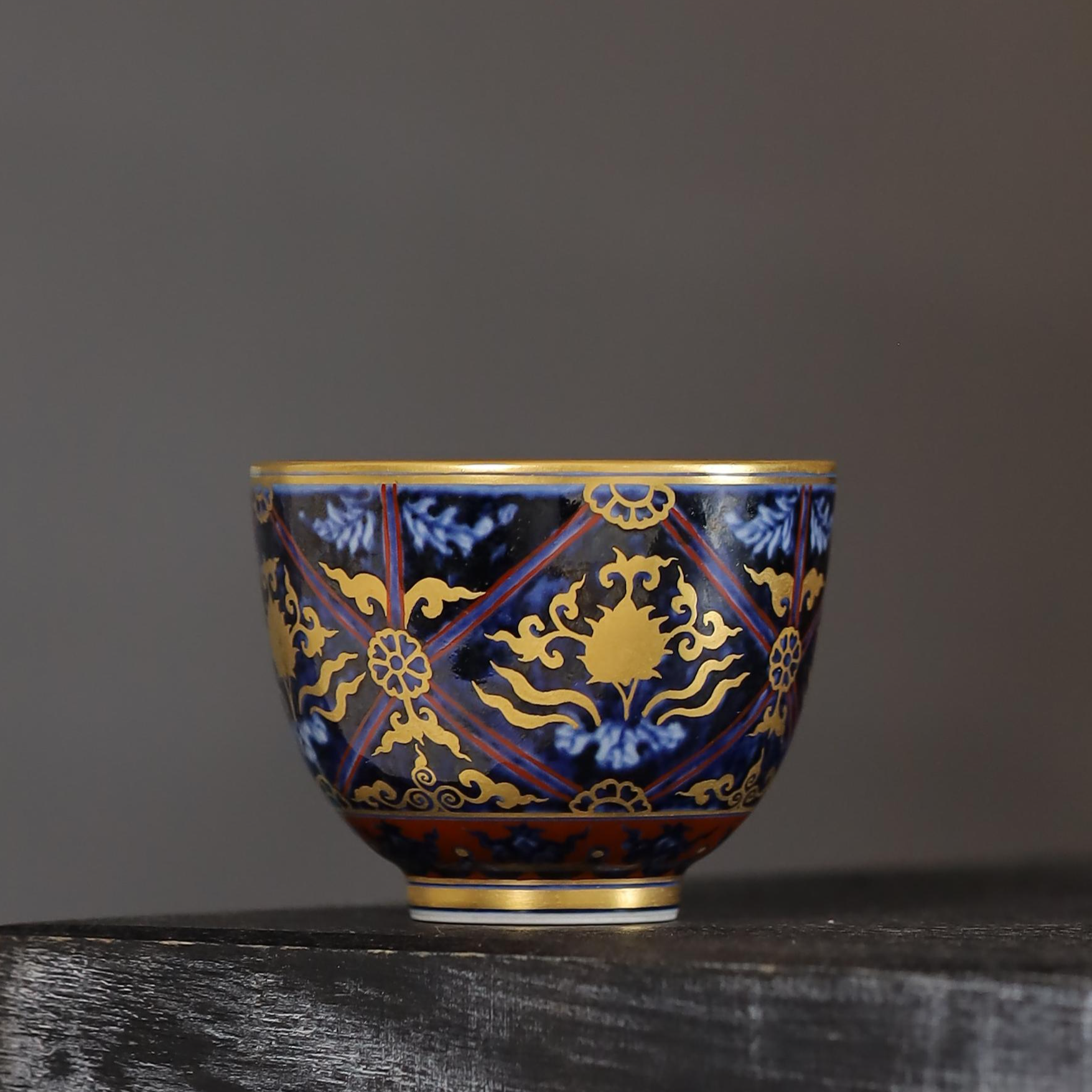 舜瓷天工一品矾红描金锦地繁花小杯顺丰包邮