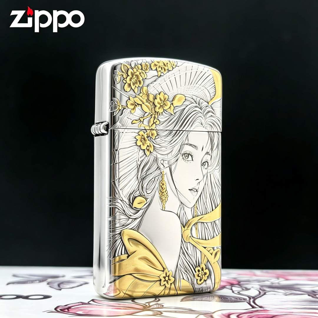 ZIPPO/之宝打火机正品纤巧盔甲【1606茶花女郎】双面浮雕镀银窄盔