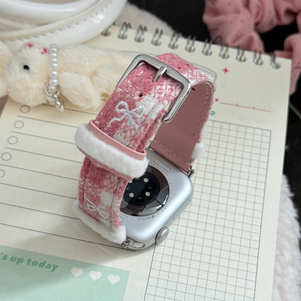 秋冬毛绒小熊格纹表带适用iwatchS11苹果手表AppleWatchS1098765E