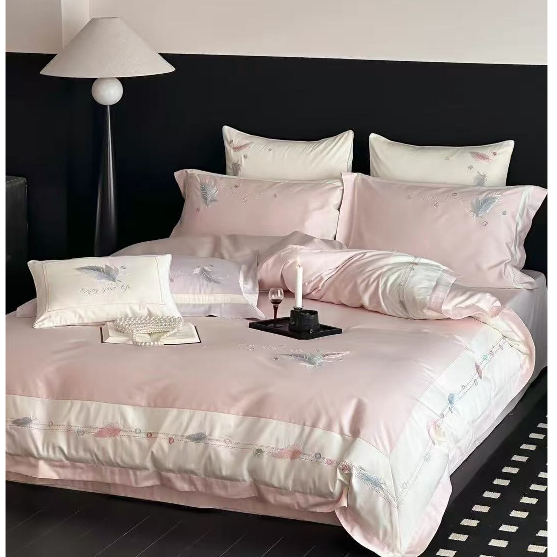 轻闲|羽境流光 高支数 全棉  长绒棉刺绣 拼角轻奢四件套床上用品