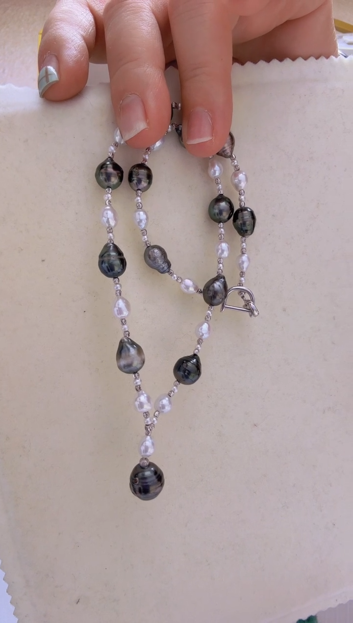 【闪购商品】海水珍珠项链银S800镀金镶嵌大溪地8-10mm淡水2.8-6mm