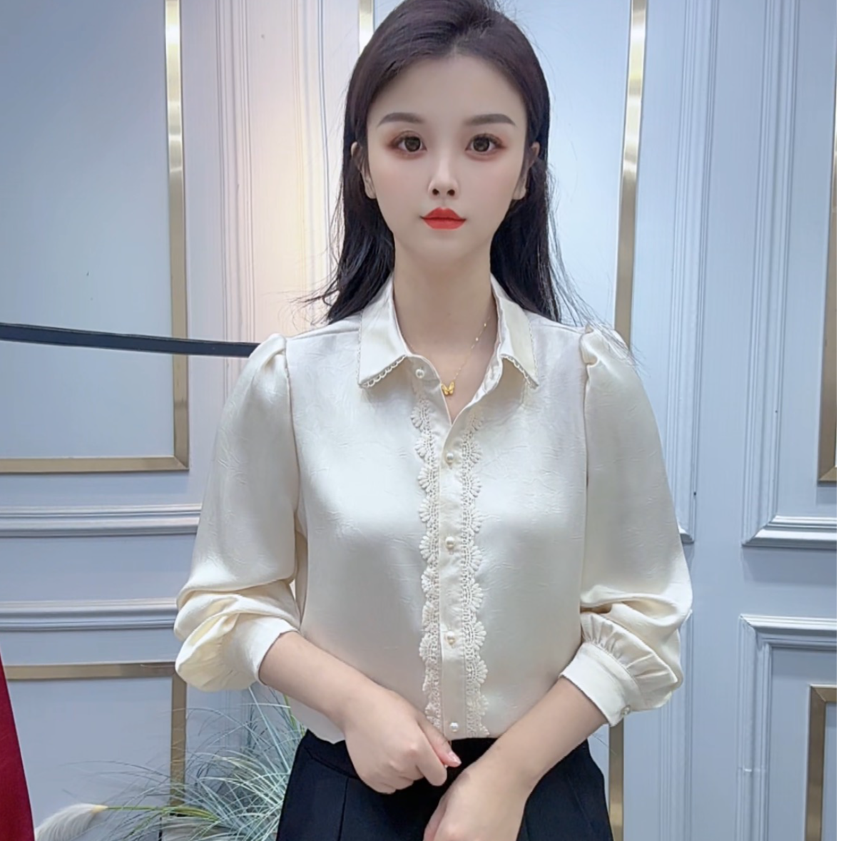 简约时尚polo领长袖衬衫女2025秋季新款百搭气质显瘦洋气轻奢衬衣