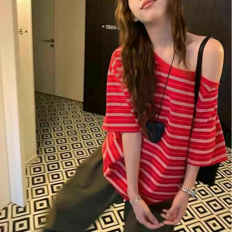 NICE圈圈、复古条纹撞色斜肩短袖上衣慵懒风T恤A9229