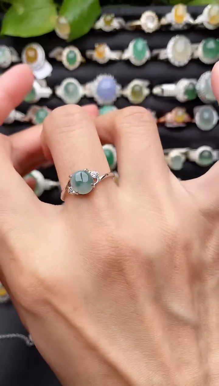 【闪购商品】翡翠戒指银S925镶嵌缅甸天然A货翡翠33   5-6