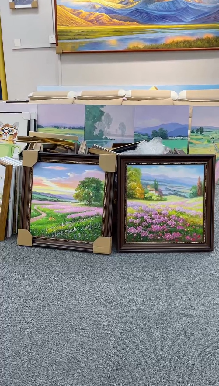 油画50*50手绘油画田园风景含美式咖金外框
