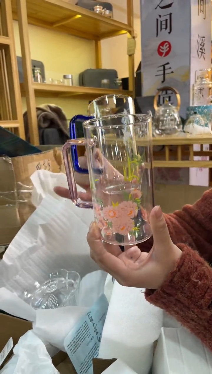 手工艺品玻璃竹间杯蓝把粉把两只