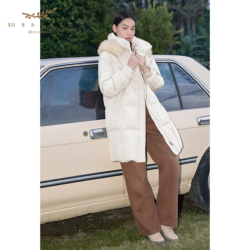 十二篮专选24冬新款90精选绒保暖狐狸毛领中长羽绒服女7C64508160