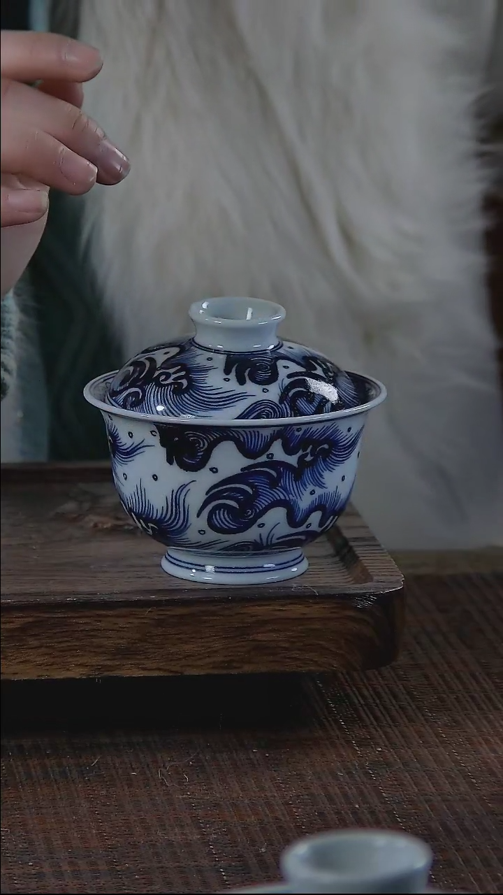 【闪购商品】折葵非器手工手绘海水纹盖碗