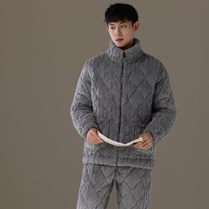 冬季三层夹棉男士珊瑚绒睡衣加厚加绒保暖可外穿提花家居服套装
