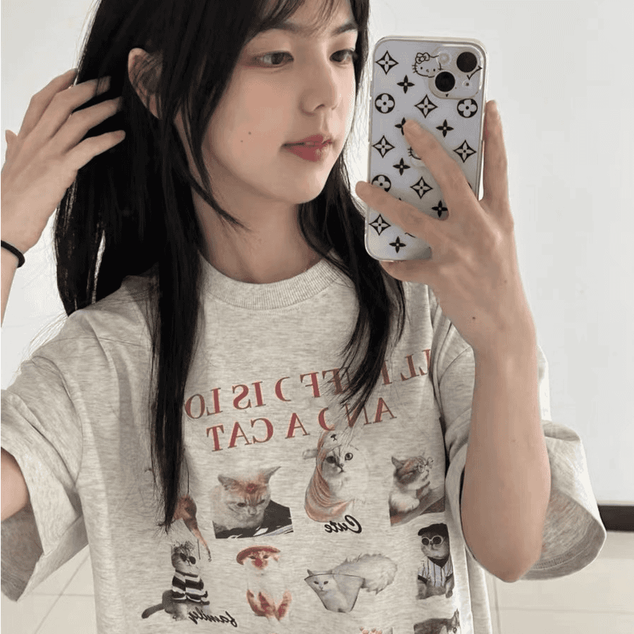 美式复古可爱减龄猫咪印花灰色纯棉短袖T恤女辣妹小众宽松上衣ins