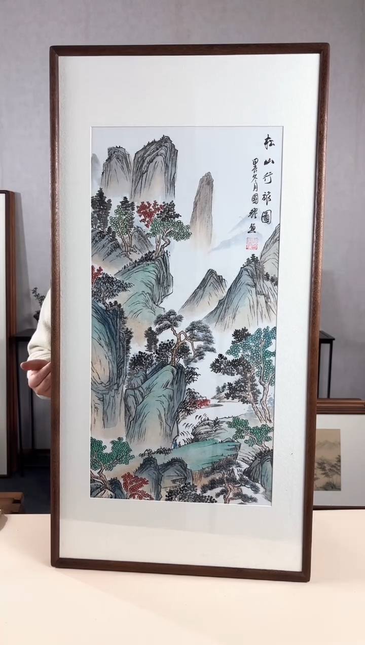 【闪购商品】国画手绘*松山行旅图*47*92cm实木框