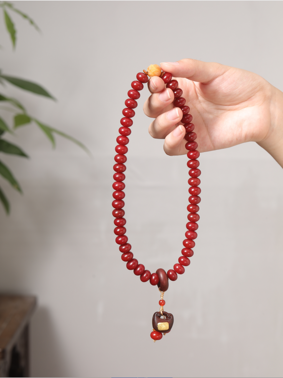 原生态菩提 正红6*9mm算盘珠双圈手串+福锁滴溜