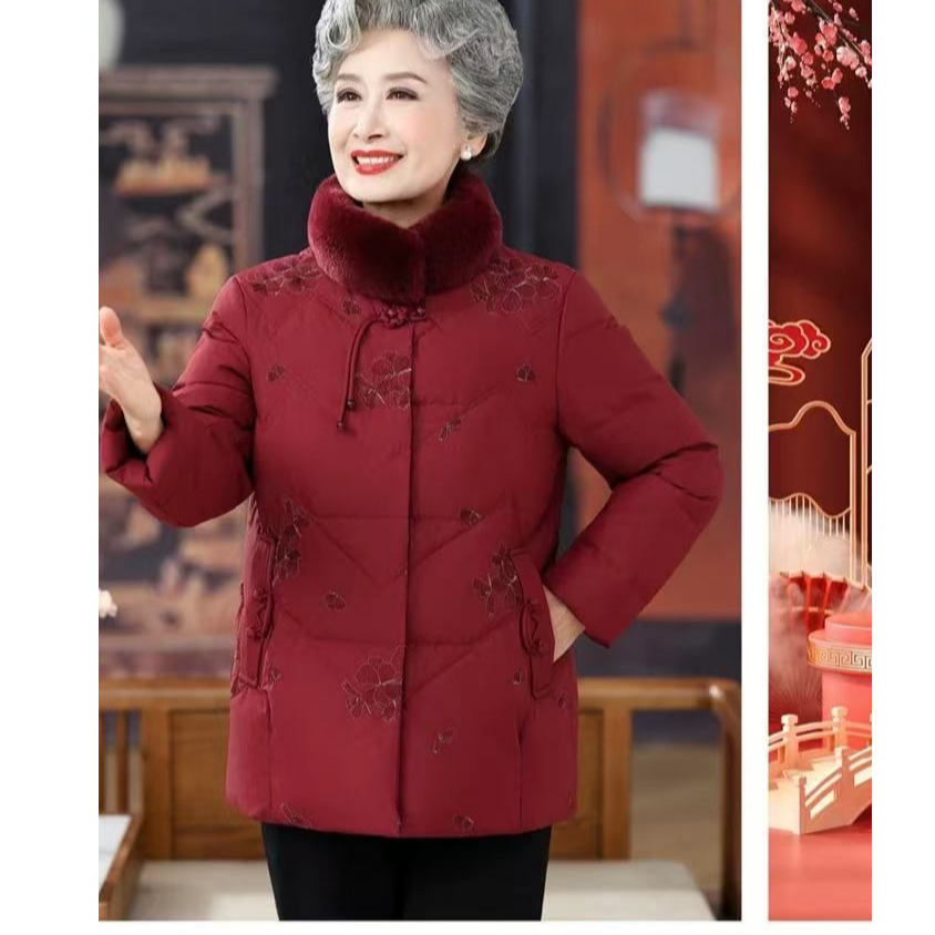 老太太羽绒服中老年羽绒服国风妈妈獭兔毛领本命年老太太保暖外套