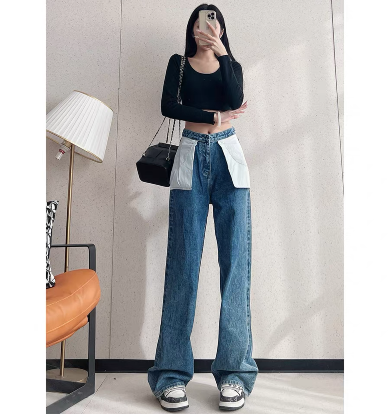 2024秋冬新款高腰直筒两面穿设计感牛仔裤女显瘦宽松拖地裤5102