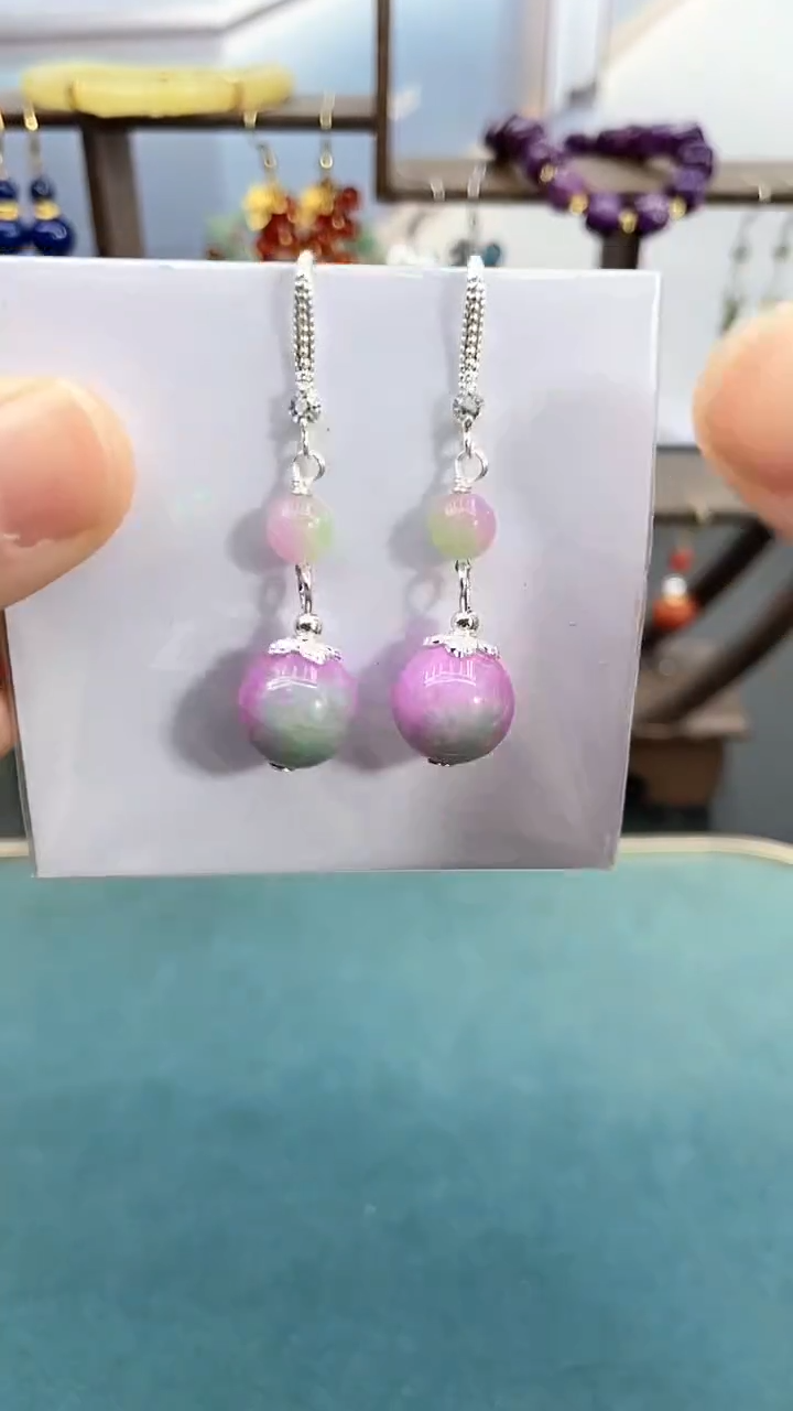 银S925镶嵌翡翠耳饰春彩双珠