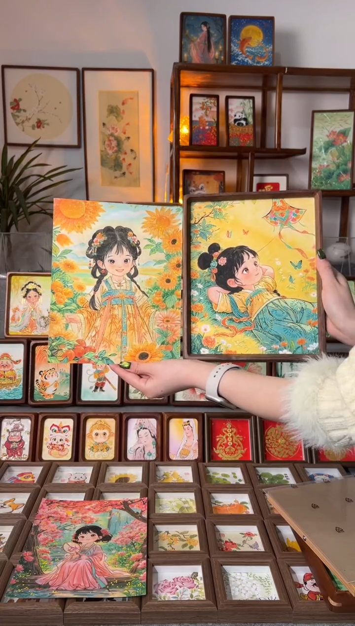 【闪购商品】国画向日葵女孩 风筝女孩 一组10寸花梨