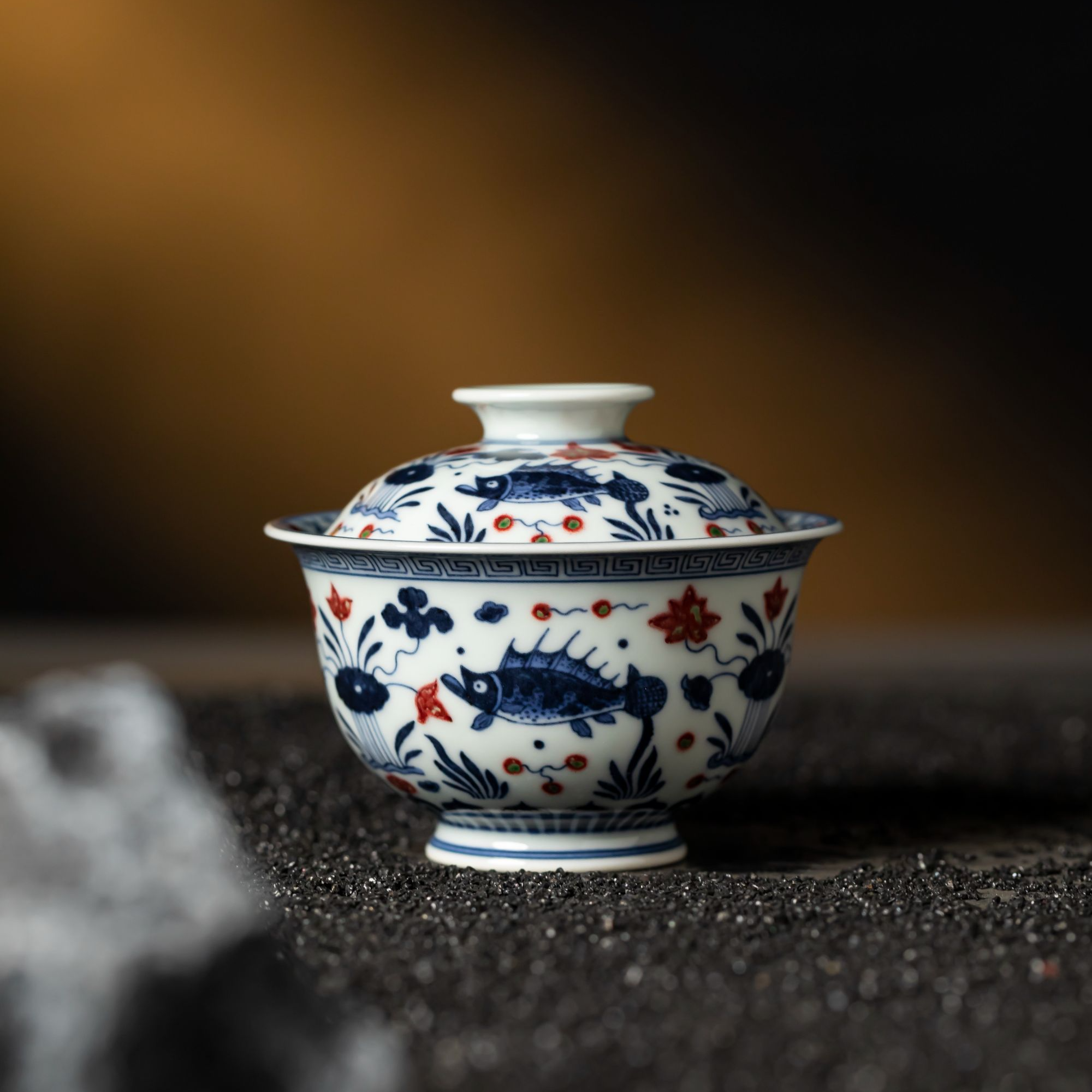 『瑶瑶严选』MHT187 明和堂鱼澡元宝盖碗手绘景德镇陶瓷茶器