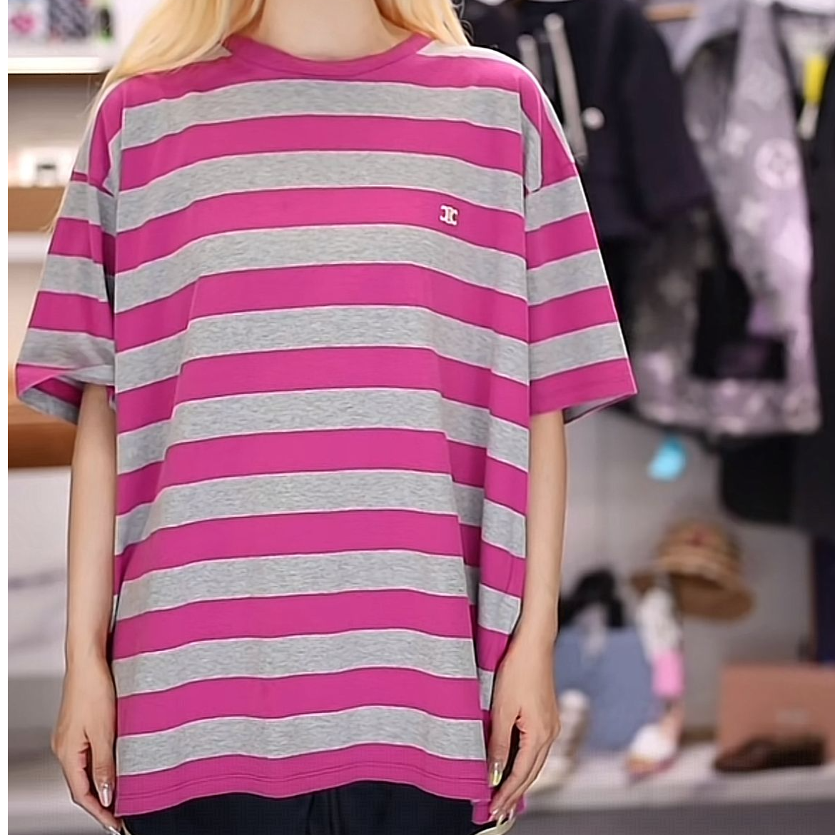 未使用 Celine/思琳 玫粉灰条纹刺绣logo短袖T恤