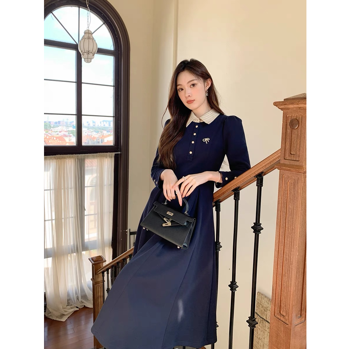 2025新款韩版翻领收腰蓝色连衣裙气质时尚拼接长款秋春季长袖5099