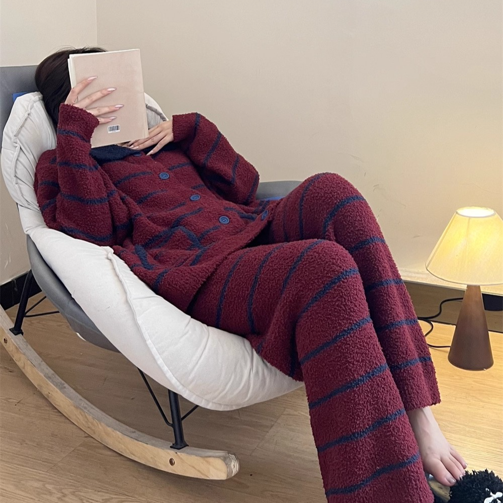 韩系简约条纹开衫半边绒睡衣冬季女款2025新款宽松慵懒家居服套装