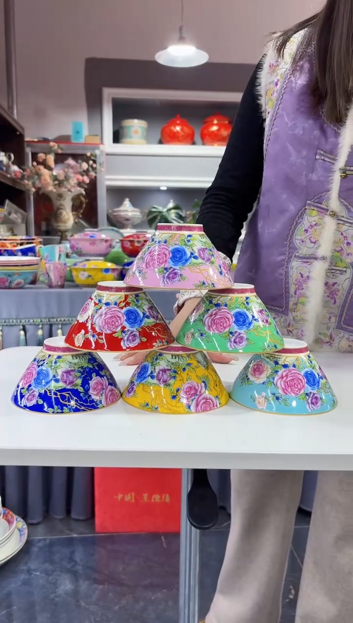 珐琅 5英寸斗笠碗6个景德镇陶瓷