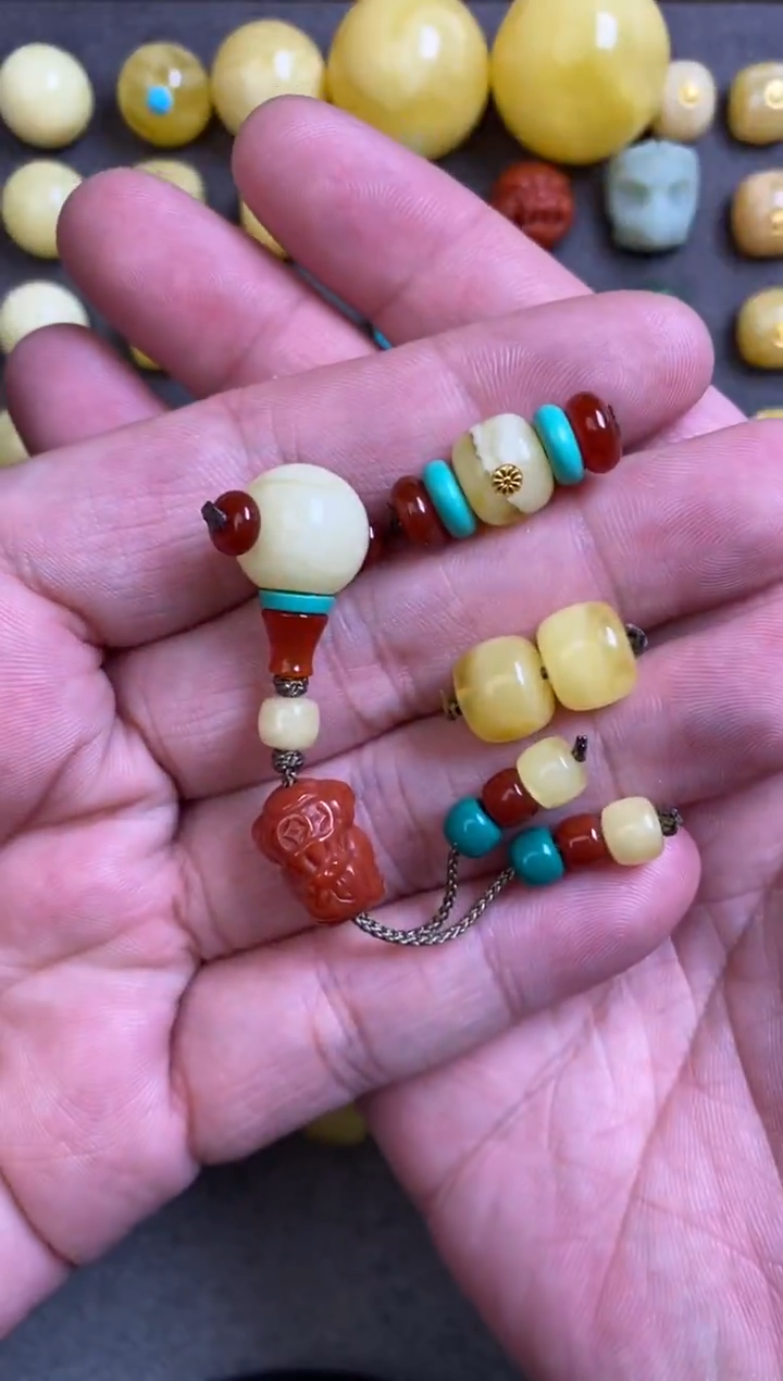 蜜蜡足金镶嵌珠宝奇石13mm三通