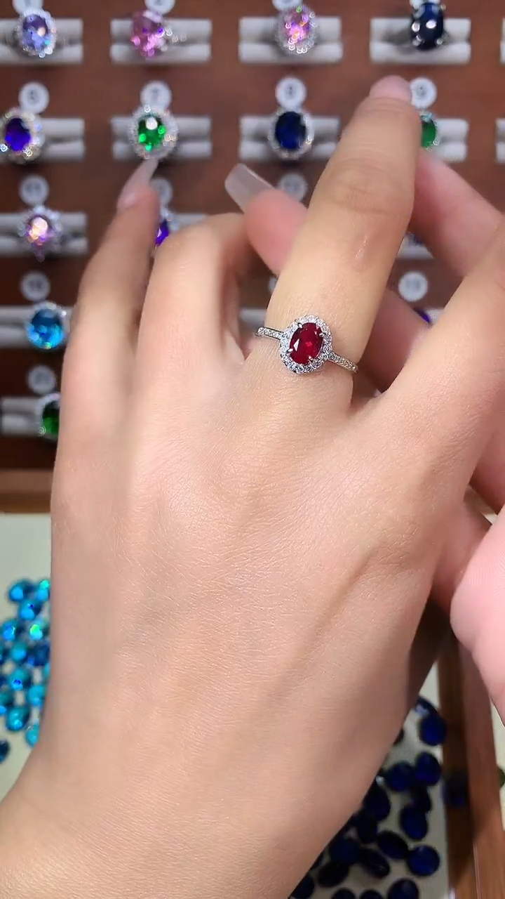 银S925镶嵌戒指红宝石57酒红白