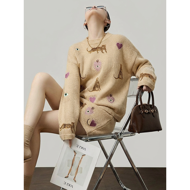 「出品」2025秋季新款宽松毛衣A字半裙两件套卡其色套装女