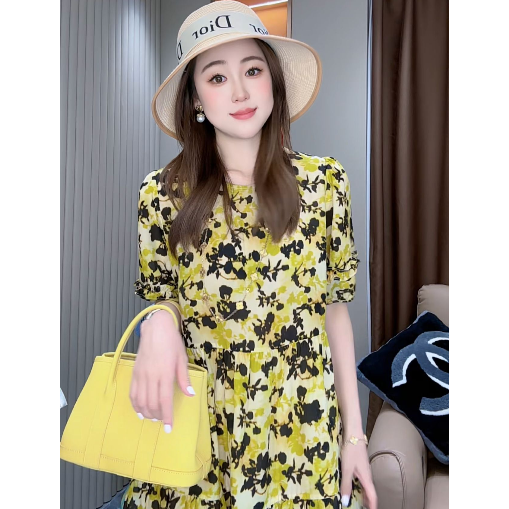 【丝芙玉禄】(S217)100真丝黄色印花气质显瘦时尚桑蚕丝女装连衣裙