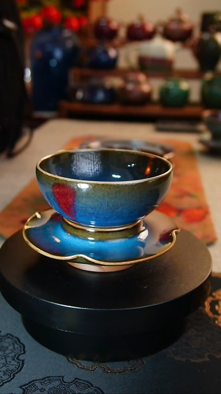 【闪购商品】瓷片383  仿古钧瓷鸡心杯盏两件套 钏