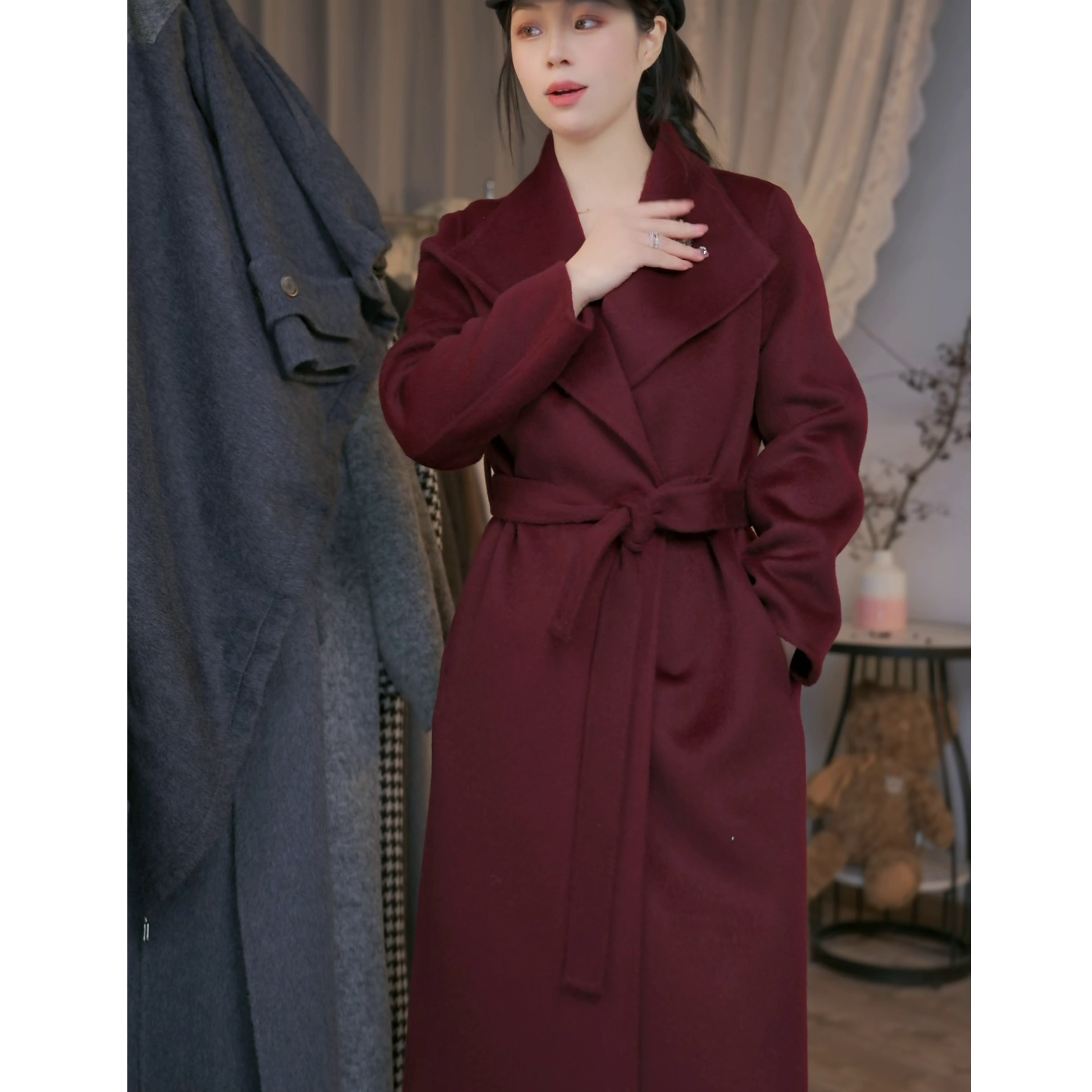 999款驼绒气质时尚百搭女士羊绒翻领双面呢女毛呢外套直下摆长款