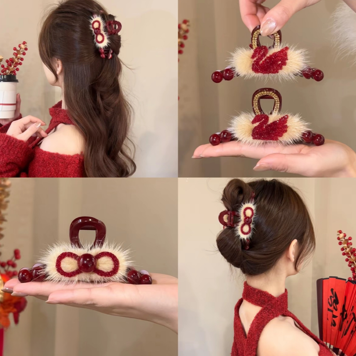 秋冬后脑勺抓夹成人毛球抓夹日韩发夹红色发饰可爱ins女秋冬圣诞