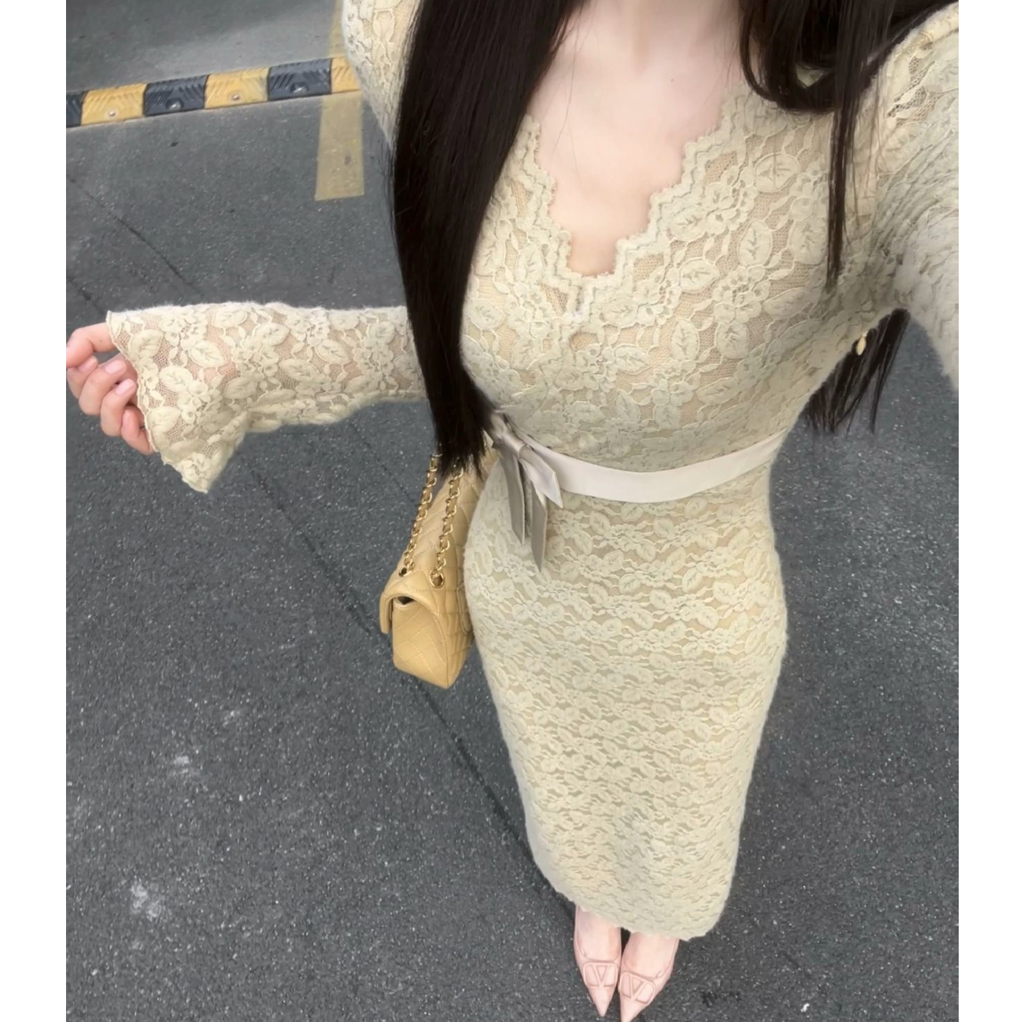 【云丝曼妙】冬季纯欲风V领高腰蕾丝长裙修身包臀直筒连衣裙XY-316