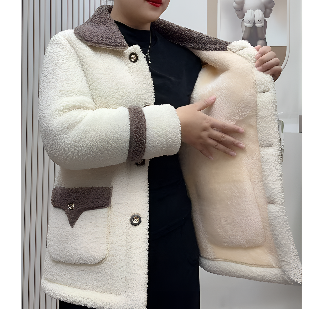 2025秋冬新款拼接仿羊羔毛加绒加厚宽松圆领妈妈装小个子女短外套