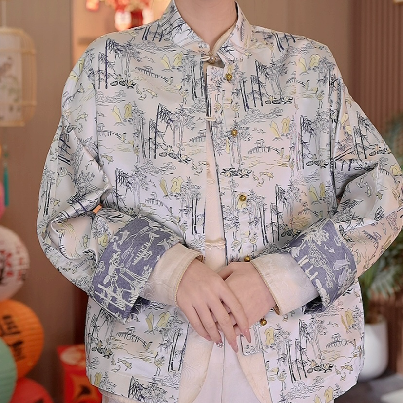 双面双穿新中式提花缎面宽松长袖外套2025A5558—七月