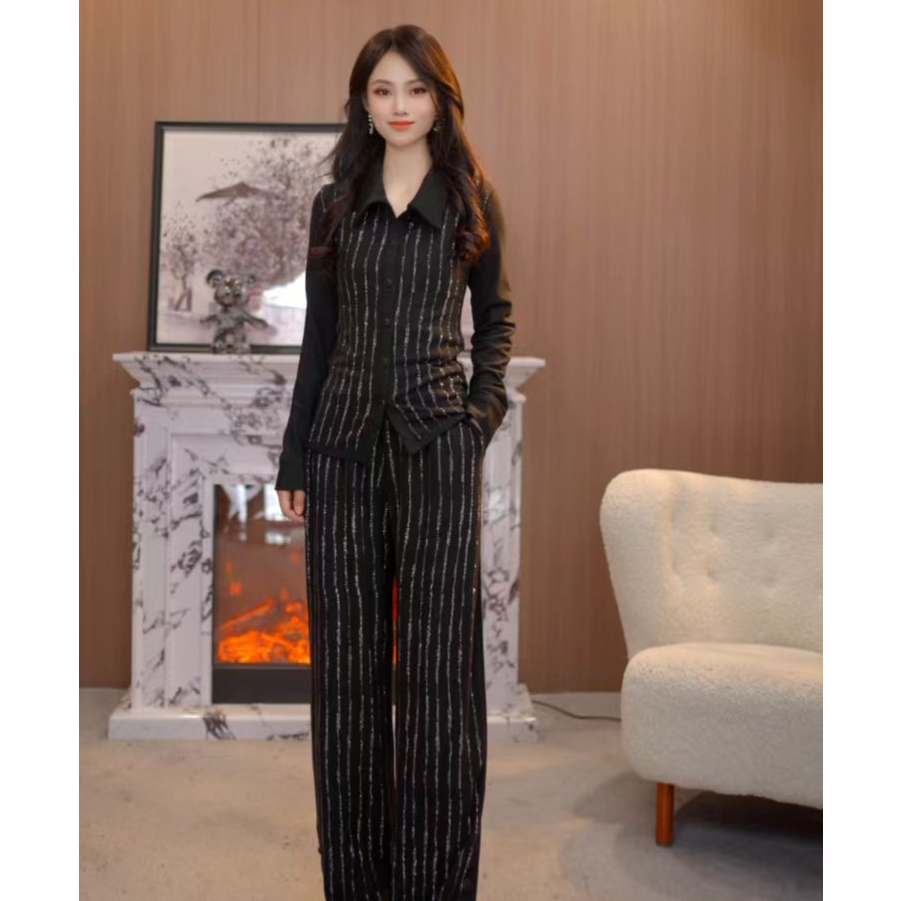 TCH【懒人穿搭】冬款百搭时尚烫钻淑女贵气黑色女套装T75D07E1067