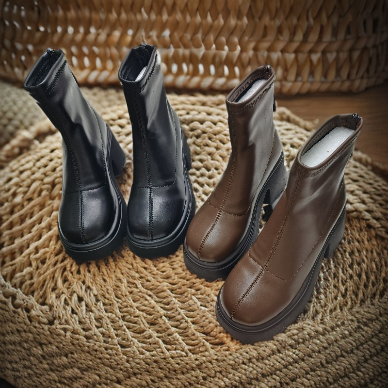 6606冬秋镂空松糕底高跟圆头法式短靴时尚英伦风加绒