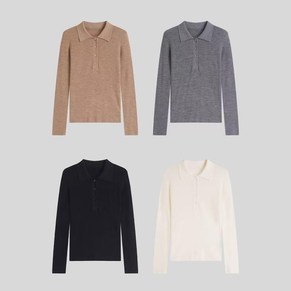 珐悦100羊毛高品扬子纱针织衫 人字纹女长袖保暖翻领厚POLO上衣