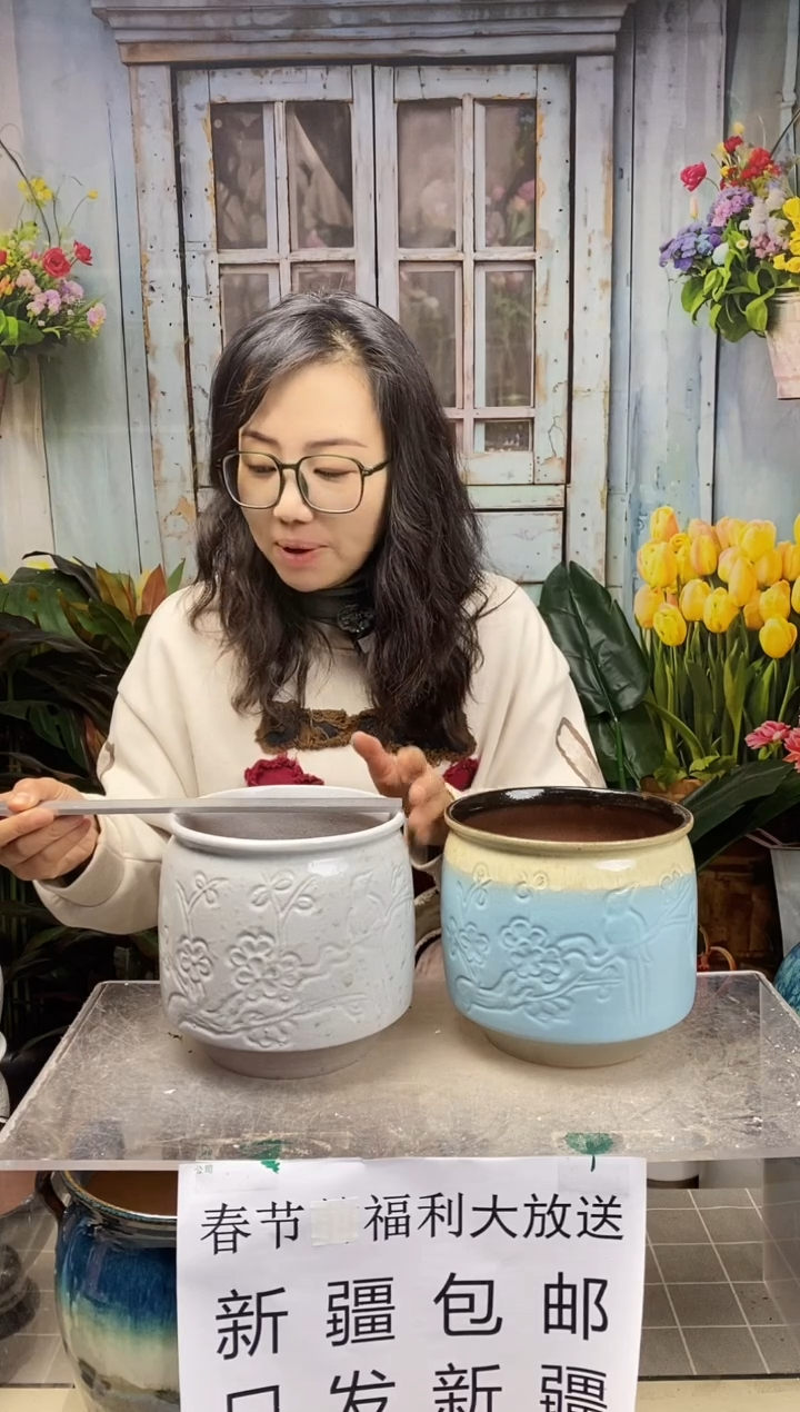 【闪购商品】红陶白蓝直口陶盆两个装