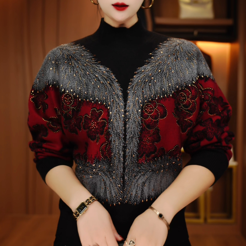 秋冬新款百搭显瘦减龄舒适透气女针织提花圆领衫上衣-A261180