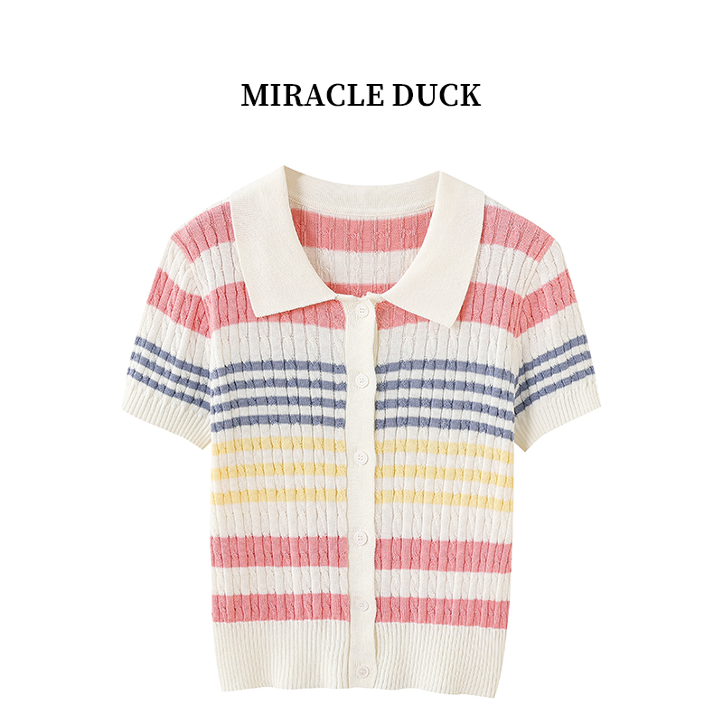 2号【粉蓝甜漾】夏季条纹撞色POLO领冰丝针织 上衣女装短袖C1601