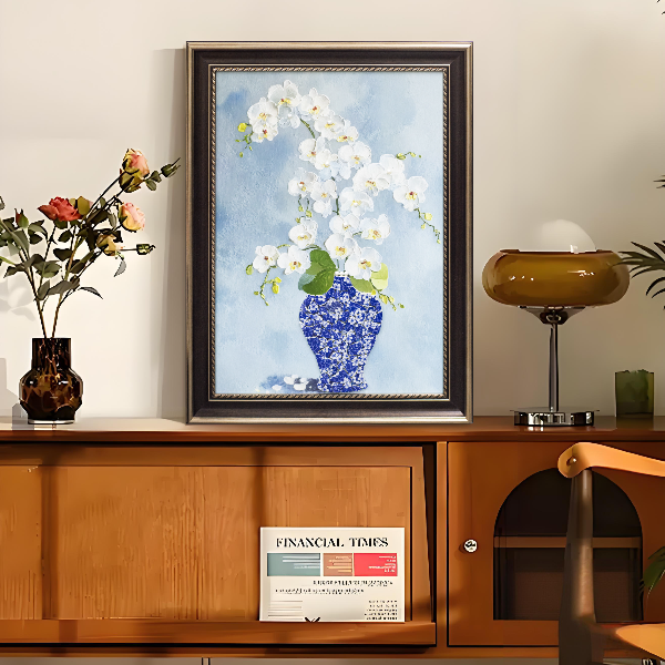 中古风花朵餐厅客厅玄关轻奢卧室高级感艺术立体装饰画花瓶6080