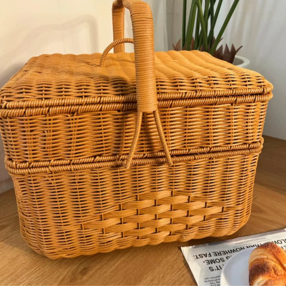 S6长方形带盖双层收纳筐田园购物篮水果零食手提篮菜蓝野餐篮