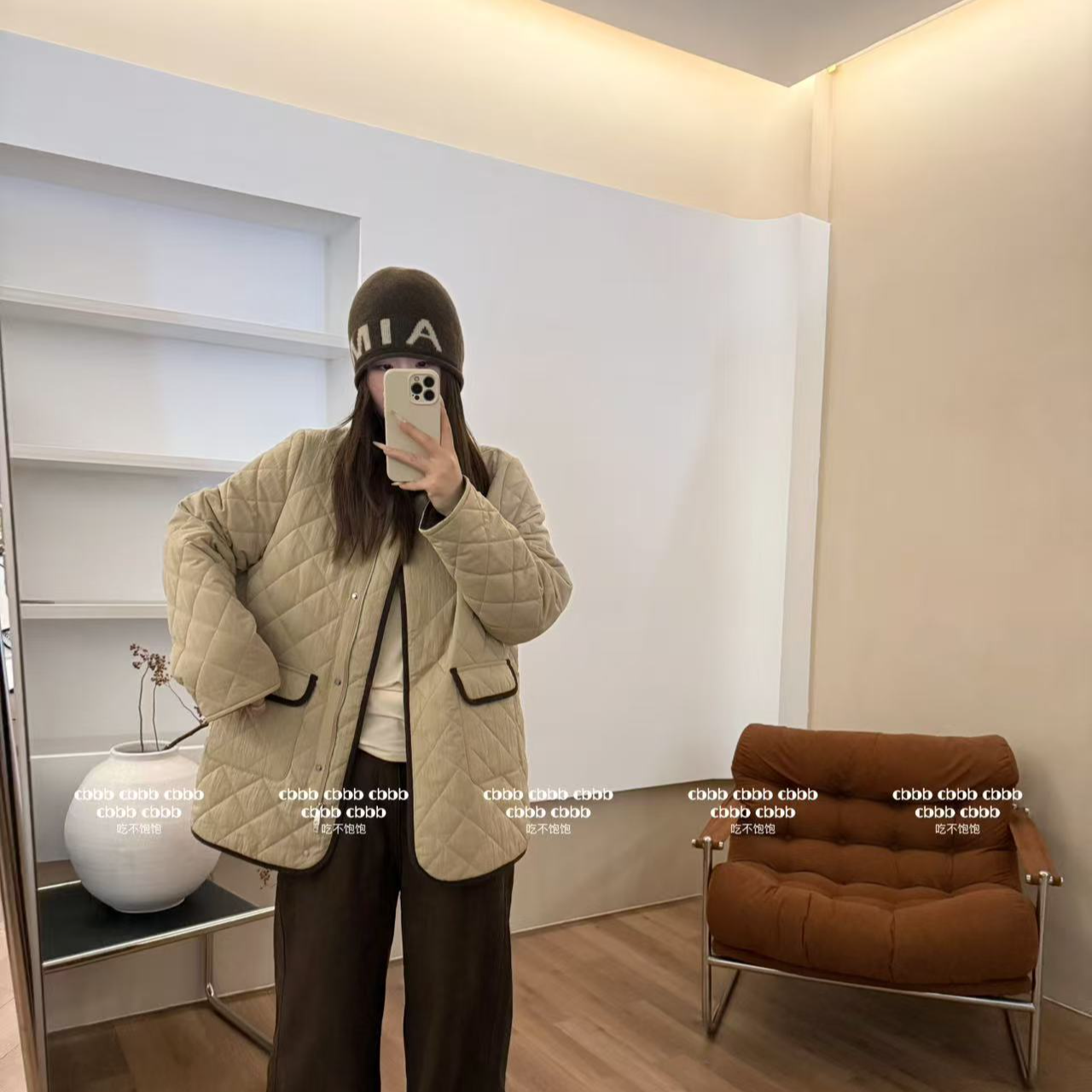 【吃不饱饱】大码 栗子蛋糕 日杂复古撞色翻领宽松菱格绗缝棉服022