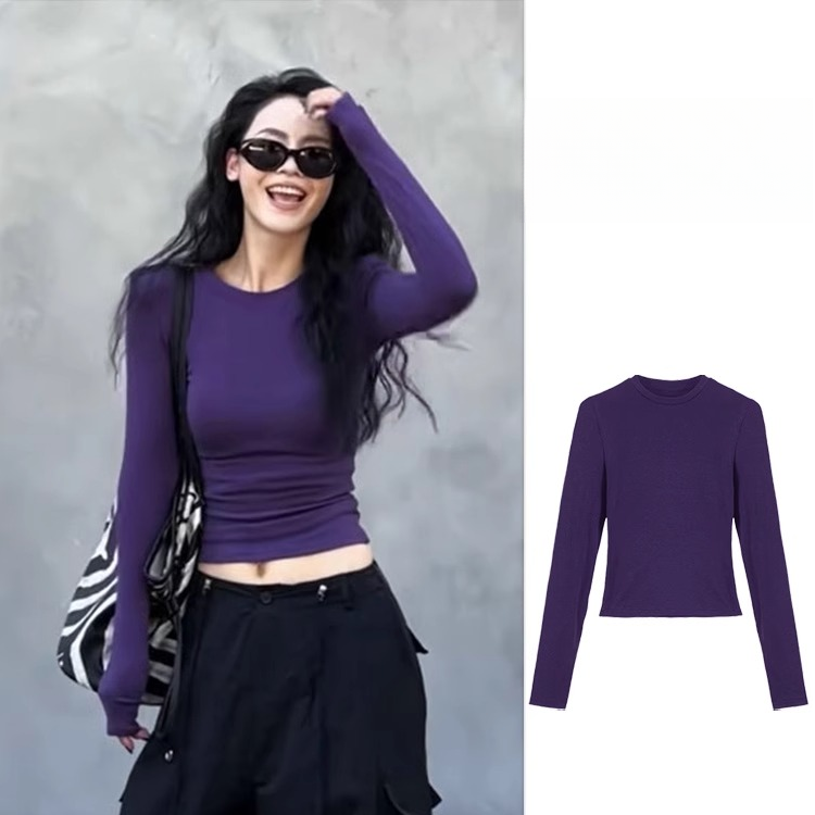 紫色圆领正肩长袖T恤女2025早春新款修身内搭打底衫甜辣chic上衣